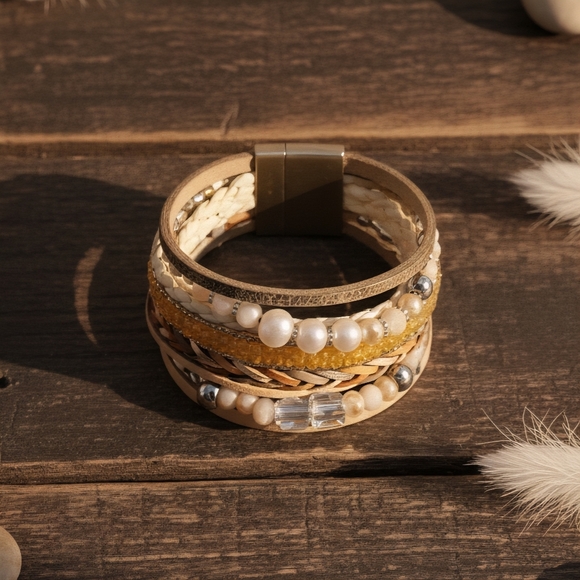 🆕Boho Chic Layered Vegan Leather Magnetic Trendy Bracelet with Faux Pearls - Picture 16 of 17